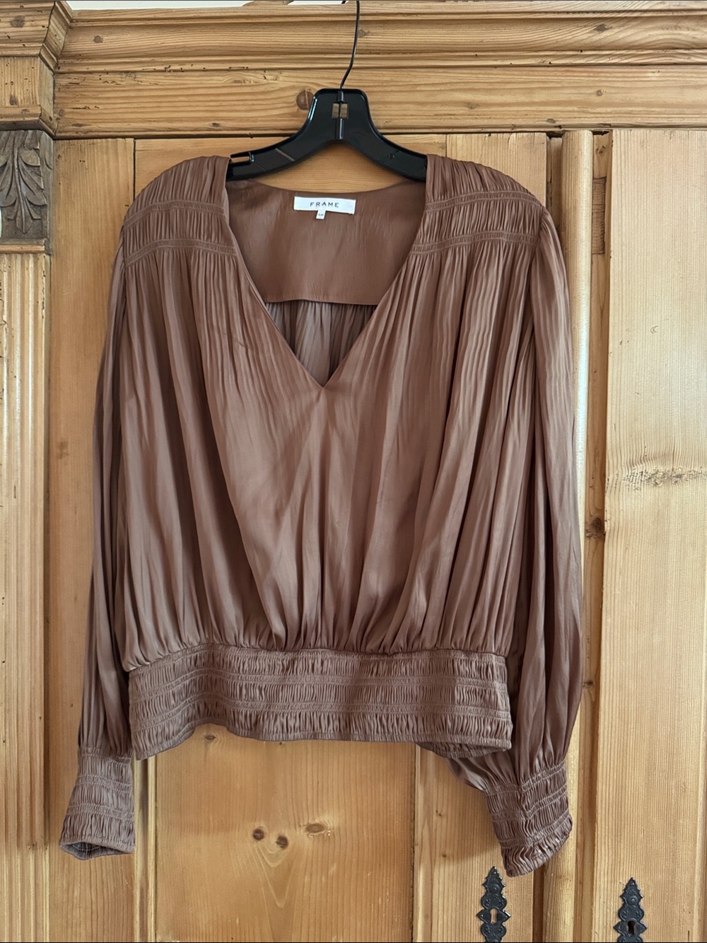 Frame Denim Brown V-Neck Smocked Hem Long-Sleeve Blouse